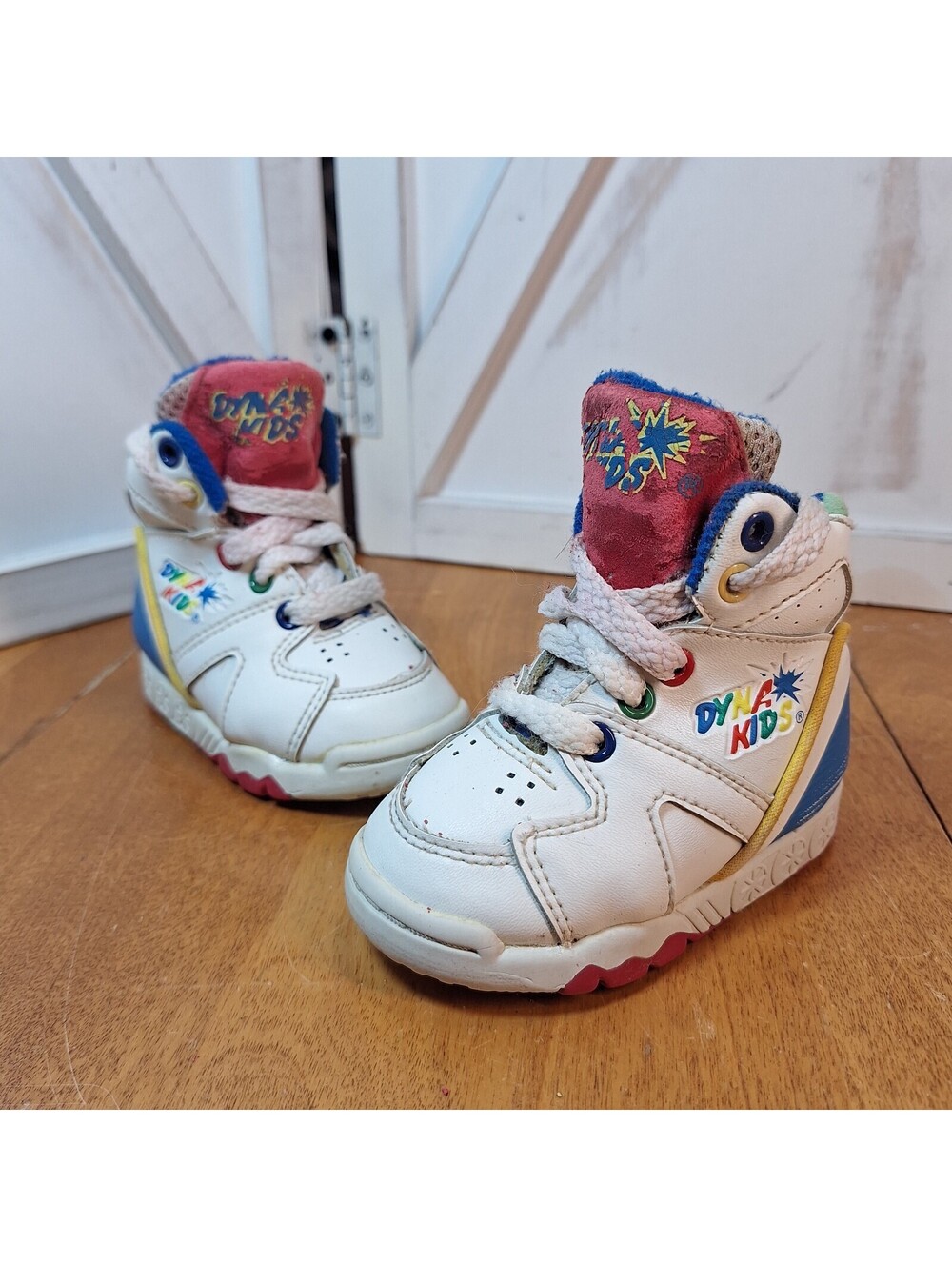Vintage Dyna Kids Baby 3 Lace Up Sneakers White Red Blue Yellow Tennis Shoes